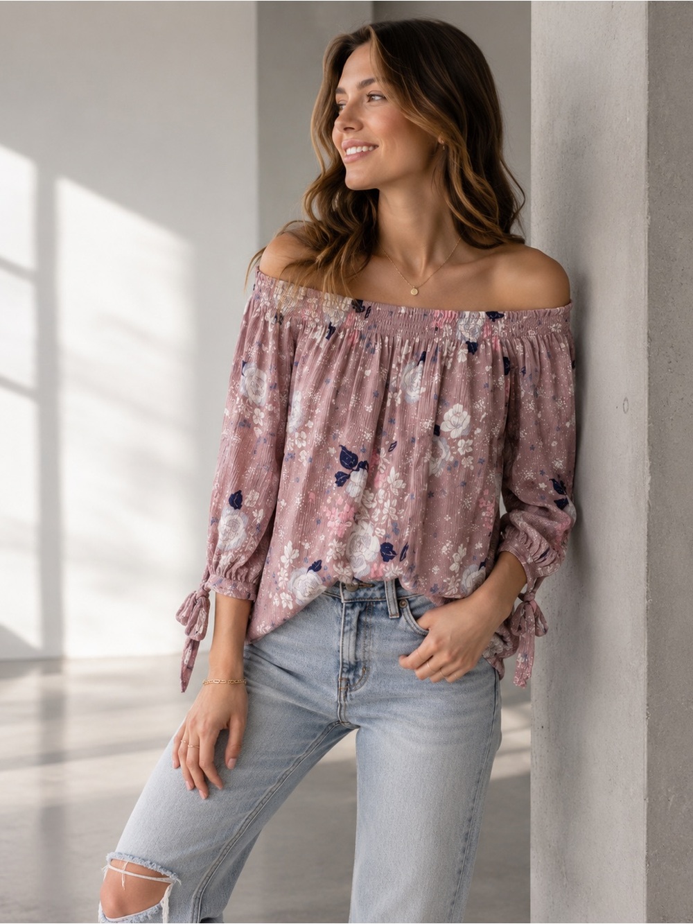 One Cloth Los Angeles Mauve Floral Off Shoulder Tie‎ Sleeve Blouse Medium
